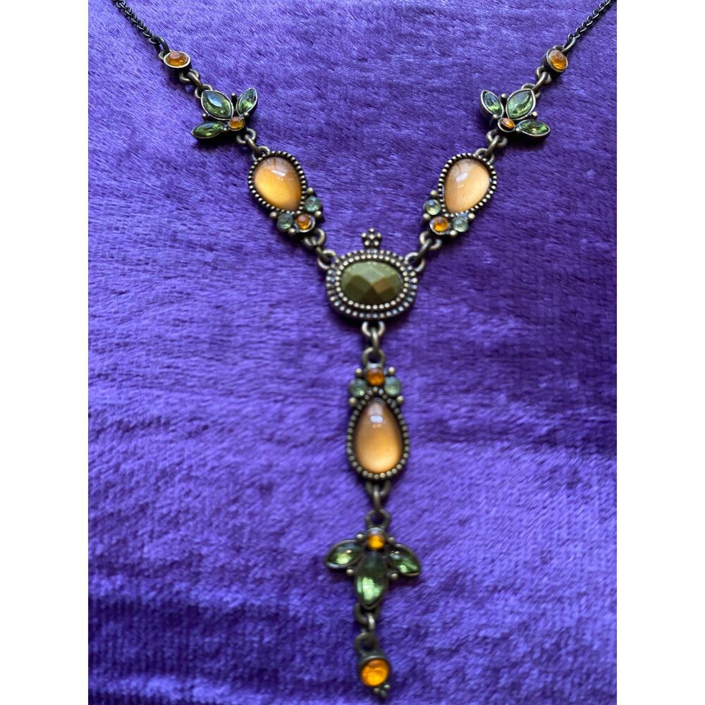 vintage y2k necklace Y lariat 1920s style jewelry olive green and yellow 90s